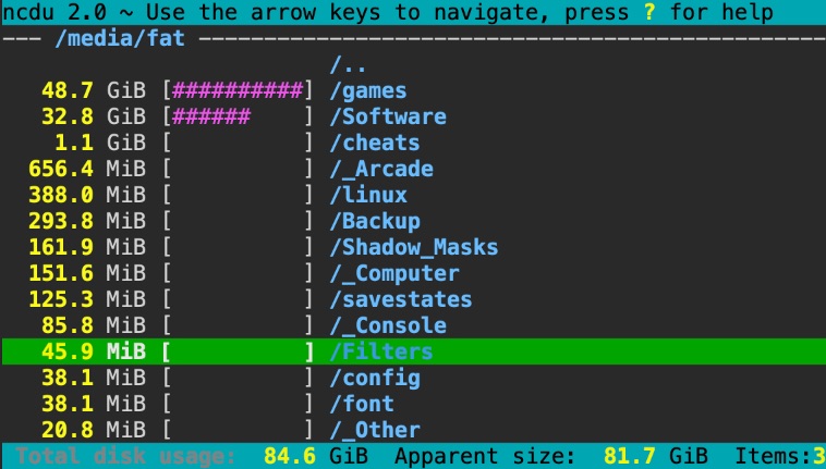 Screenshot of ncdu on a MiSTer